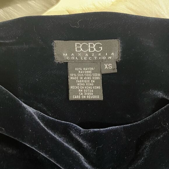 NEW BCBGMaxAzria Navy Velvet Silk Long Sleeve Boatneck Longline Top Sz XS NWOT - Picture 12 of 14